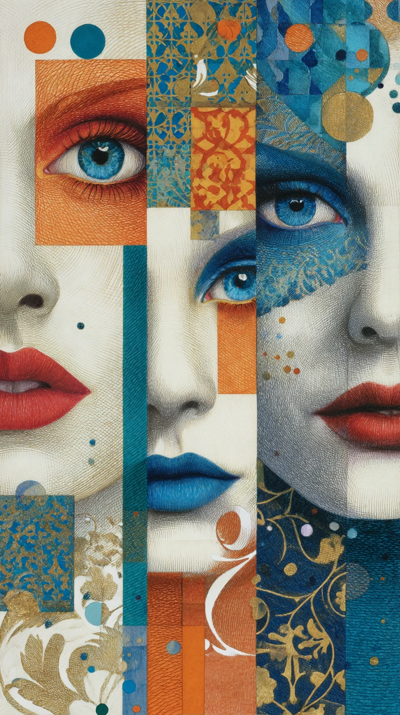Retrato cubista a lápiz de color de tres mujeres fragmentadas