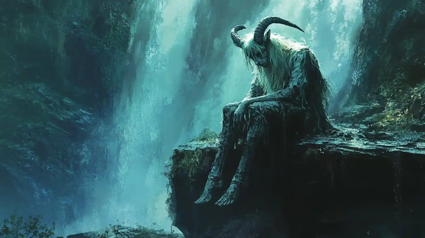 Androgynous satyr playing violin under pouring waterfall