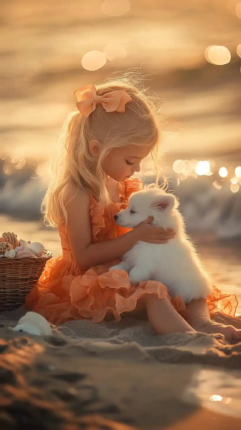 Girl cuddling a puppy on the beach at sunset