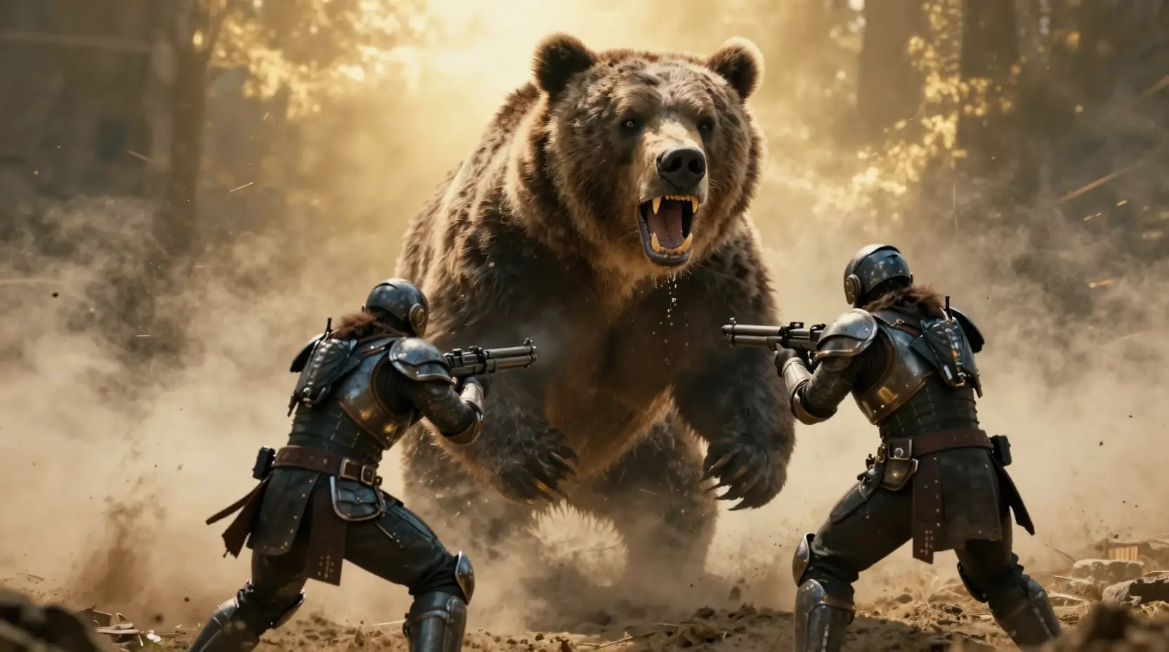 Giant charging bear confronts armed warriors in dust and light
