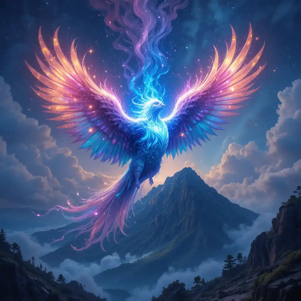 Celestial fantasy bird flying above an island gateway sky