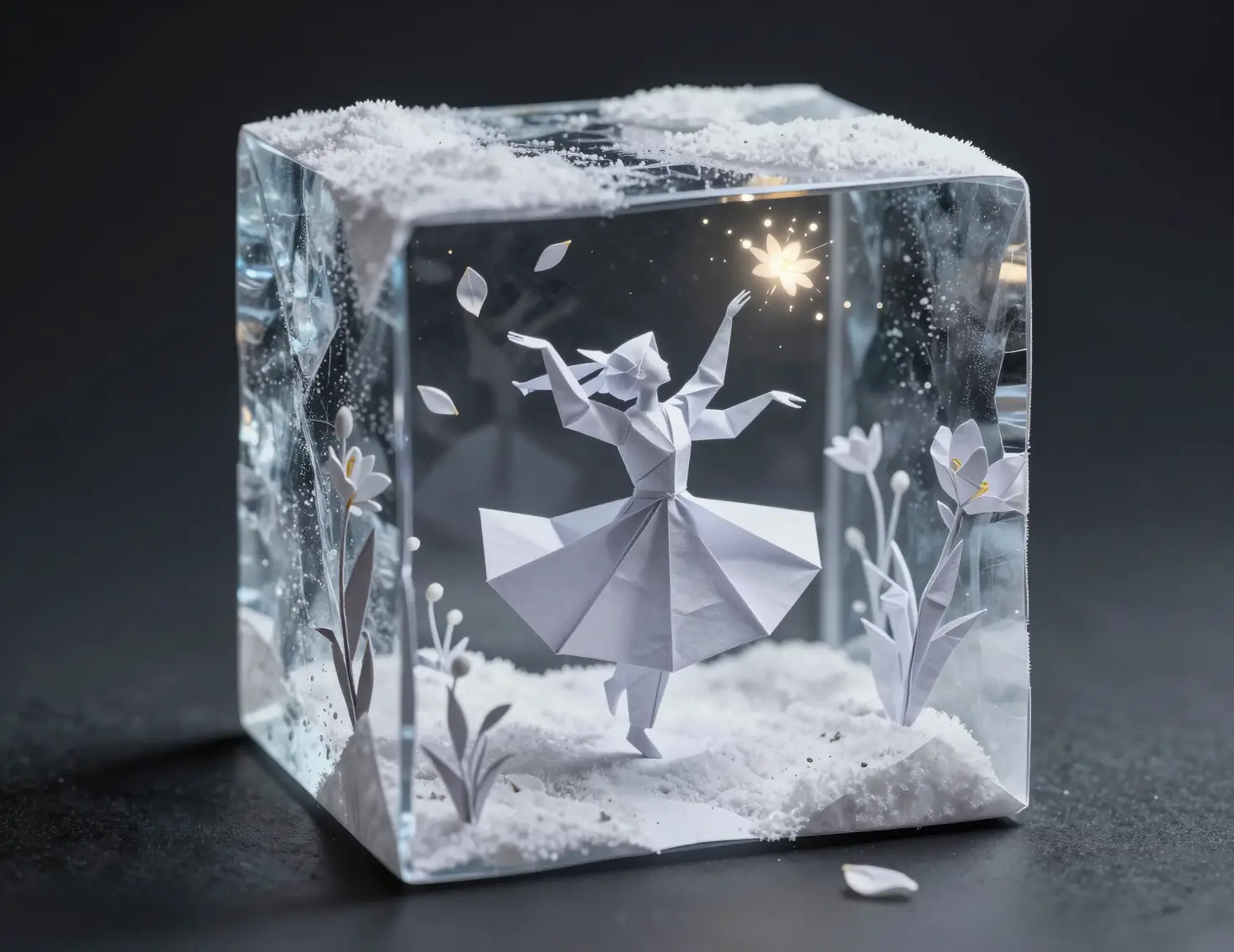 Origami figure dancing inside an icy miniature snow scene