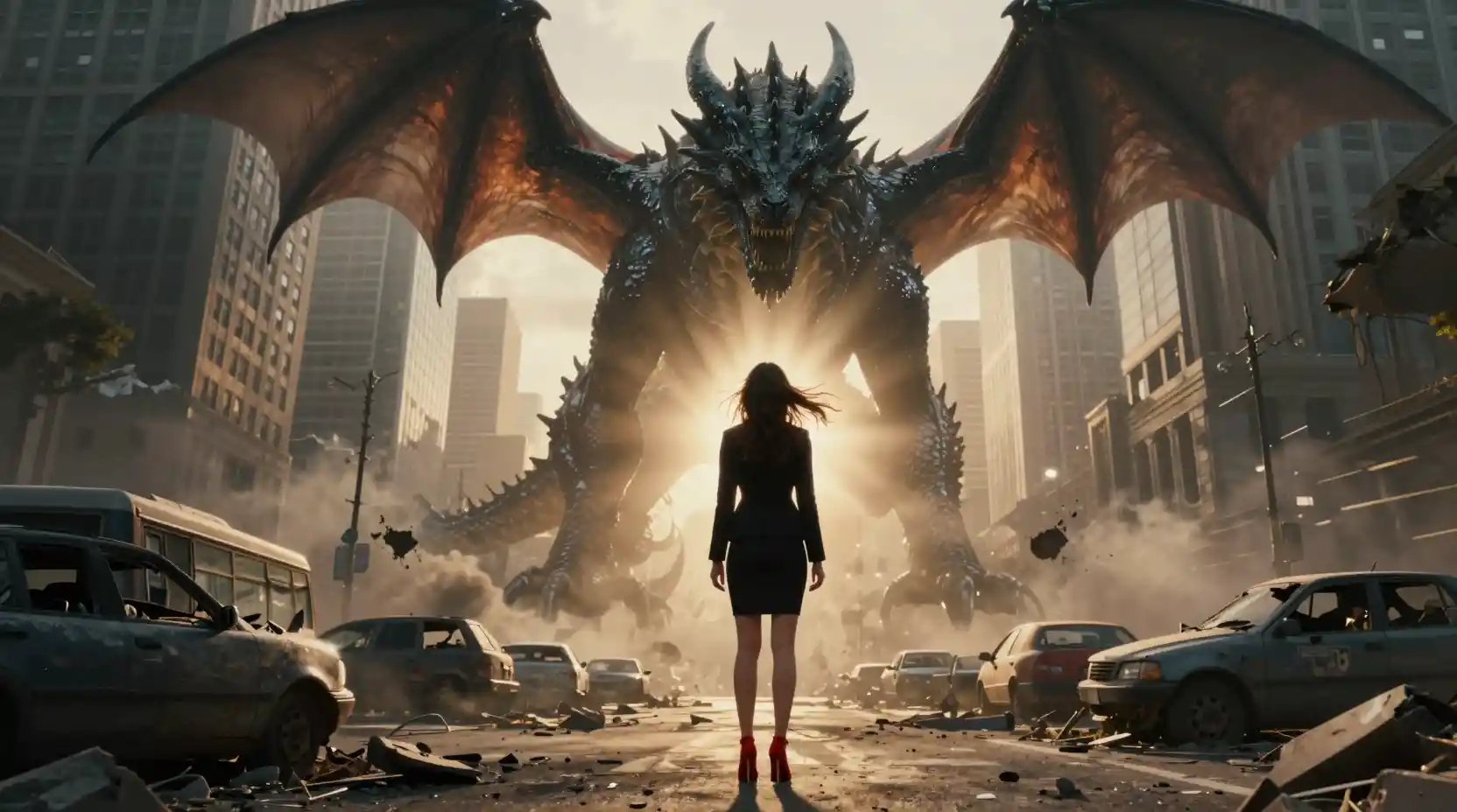 Woman in heels facing colossal dragon on ruined city street
