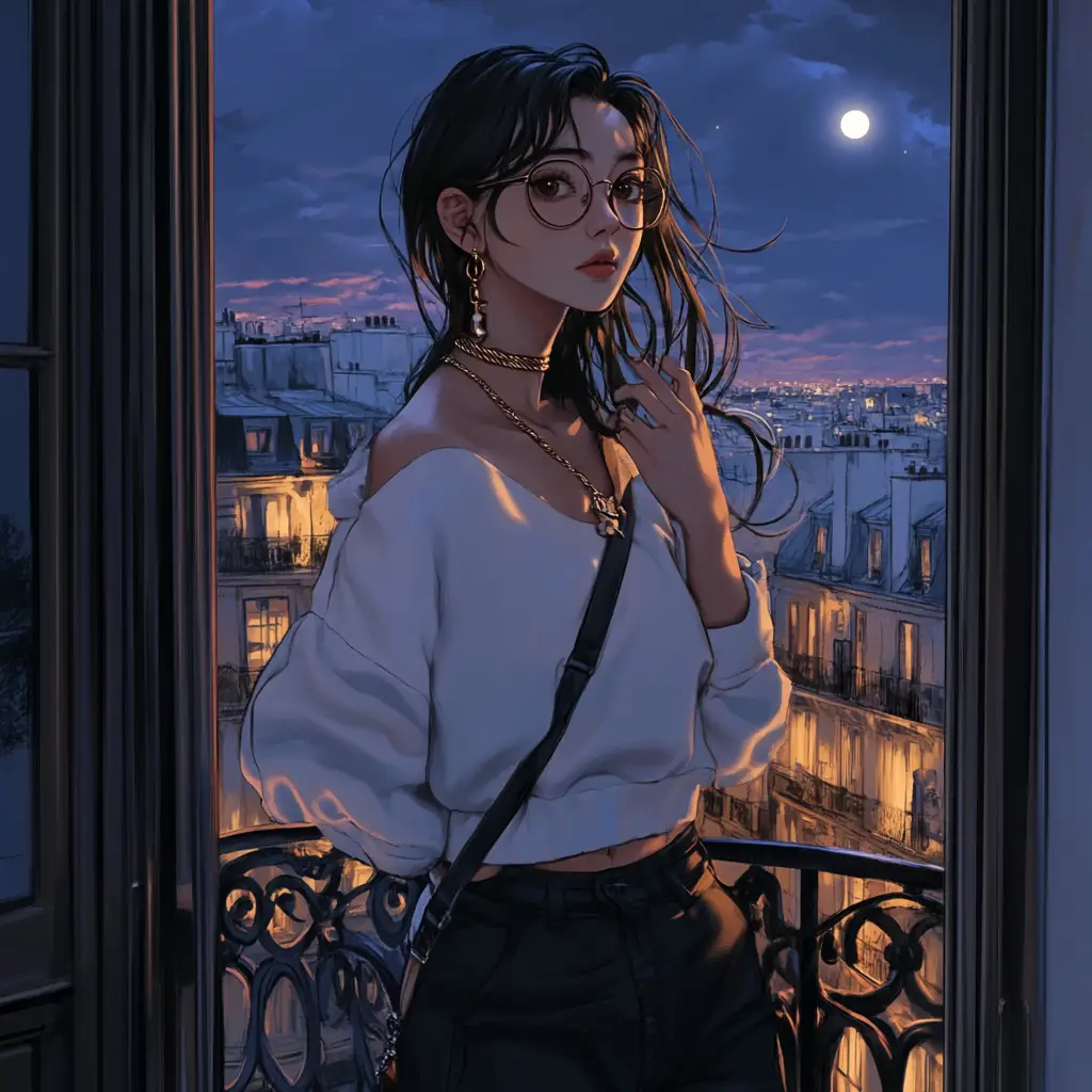 Young woman smoking on a parisian balcony at night