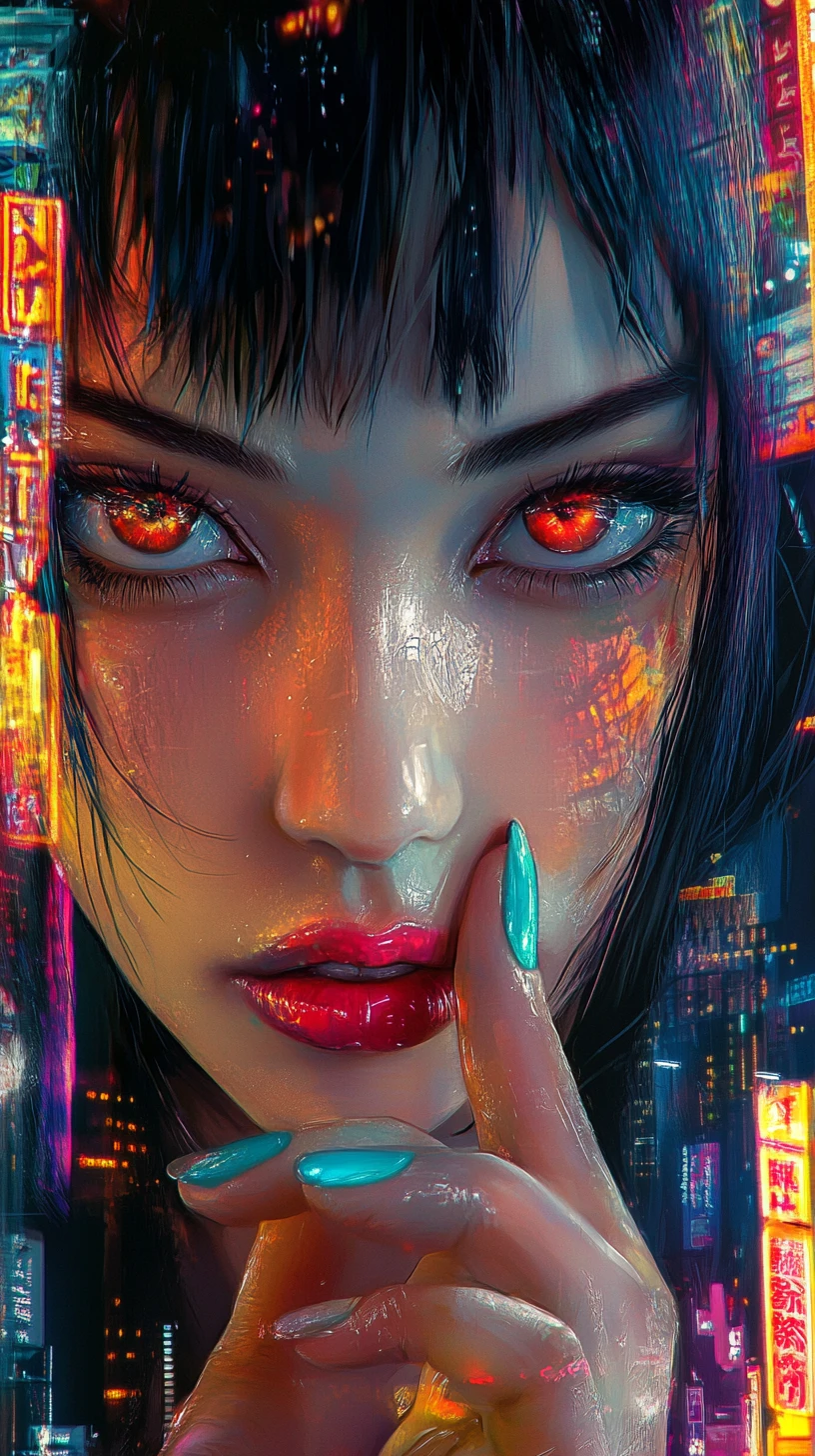 Retrato de mujer anime con luces de ciudad cyberpunk de neón
