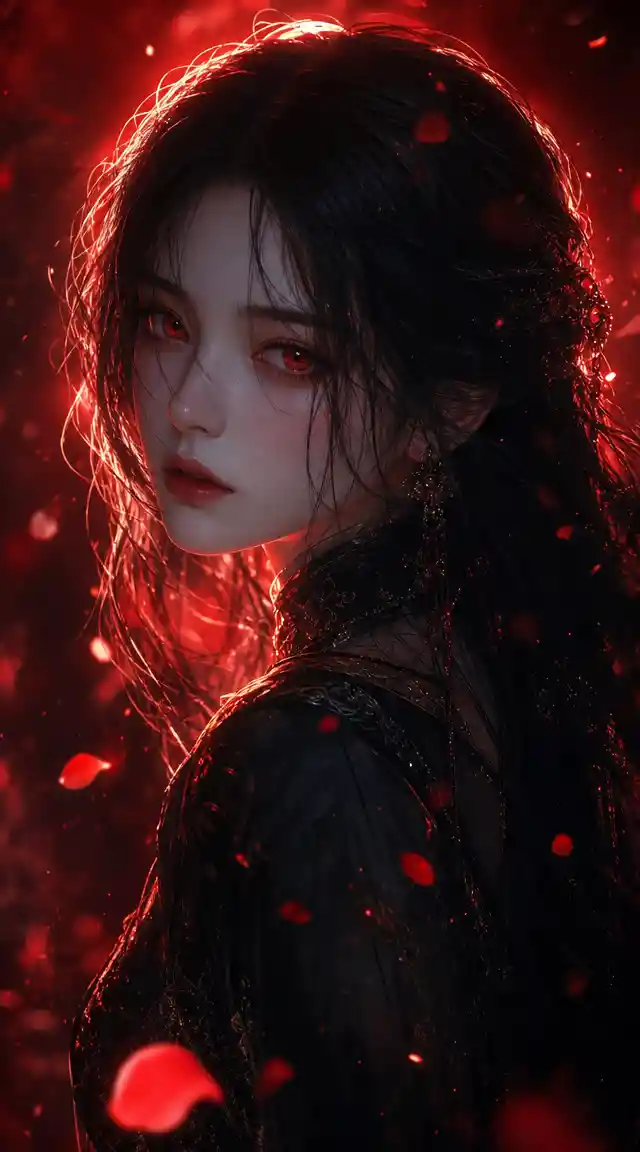 Mysterious anime girl portrait in red backlit glow