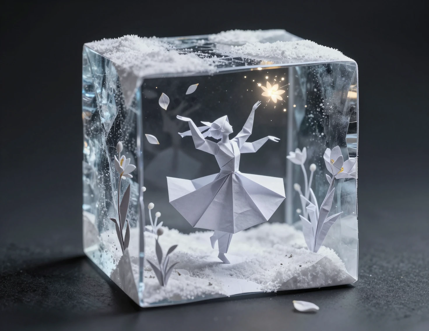 Origami figure dancing inside an icy miniature snow scene