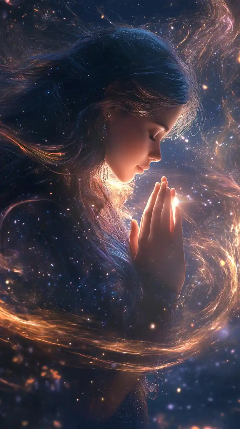 Celestial goddess praying amid swirling cosmic stardust