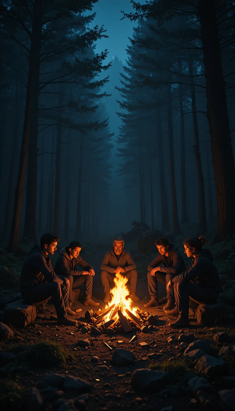 Hikers Gather Around Campfire In Dark Forest At Night