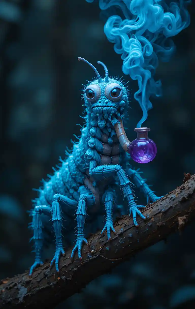 Blue cartoon caterpillar smoking a purple pipe on branch