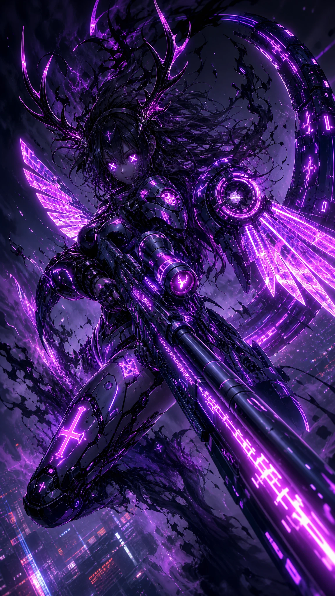 Cyberpunk woman dissolving into smoke with neon sniper rifle