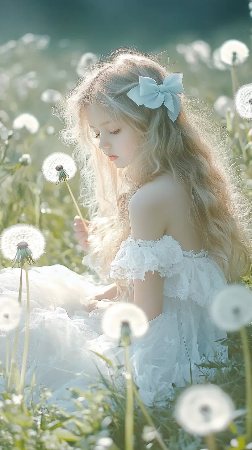 Young girl in sunny meadow with dandelions