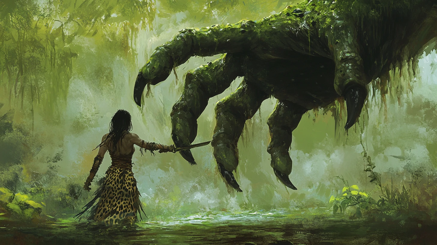 Barbarian woman facing a monstrous claw in a swamp