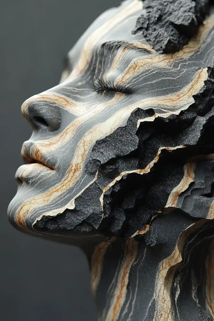 Woman sculpted as layered polished stone geological portrait