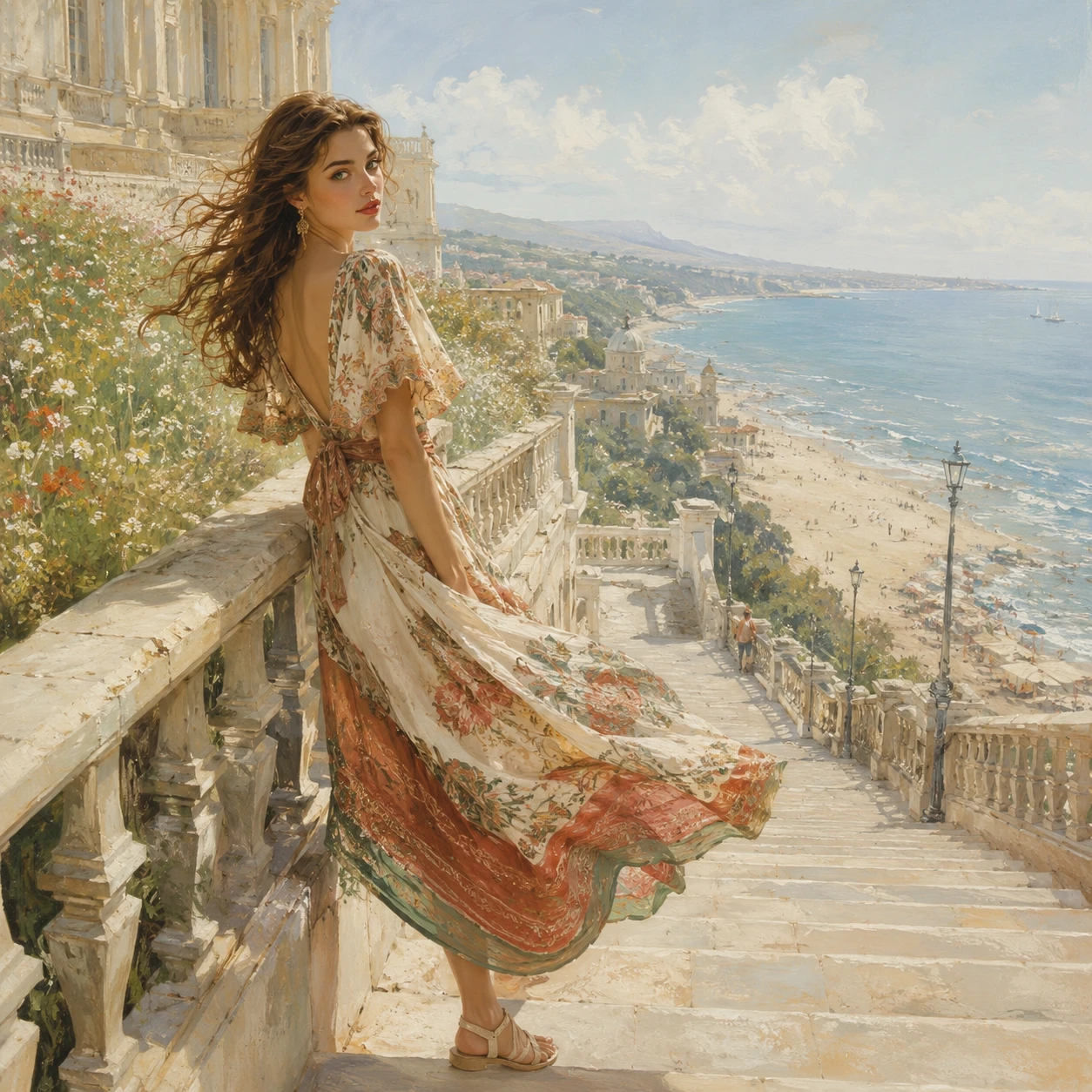 Mujer en escalera junto al mar en ilustración de acuarela suave