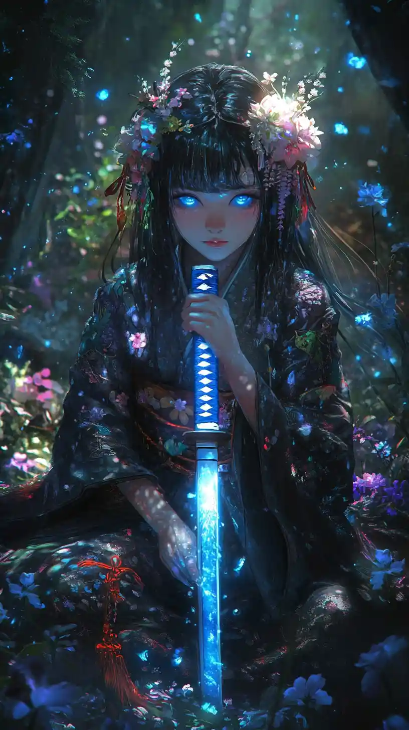 Kunoichi in glowing forest holding a blue energy katana