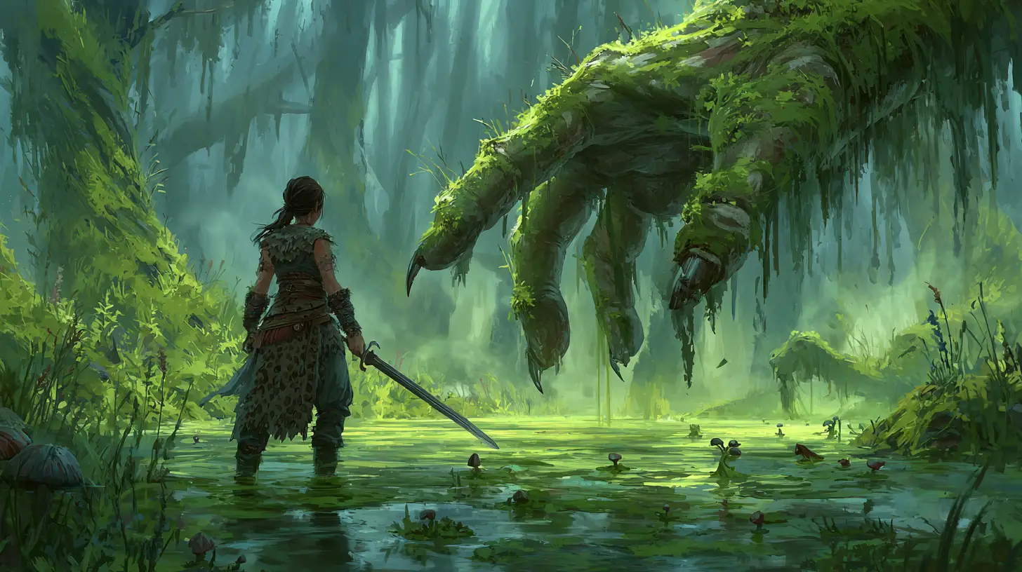 Barbarian woman facing monstrous claw above a lush swamp