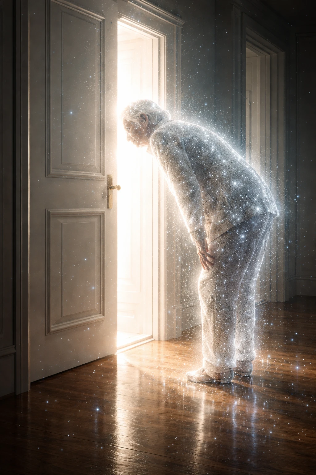 Ethereal particle woman bending toward a glowing doorway