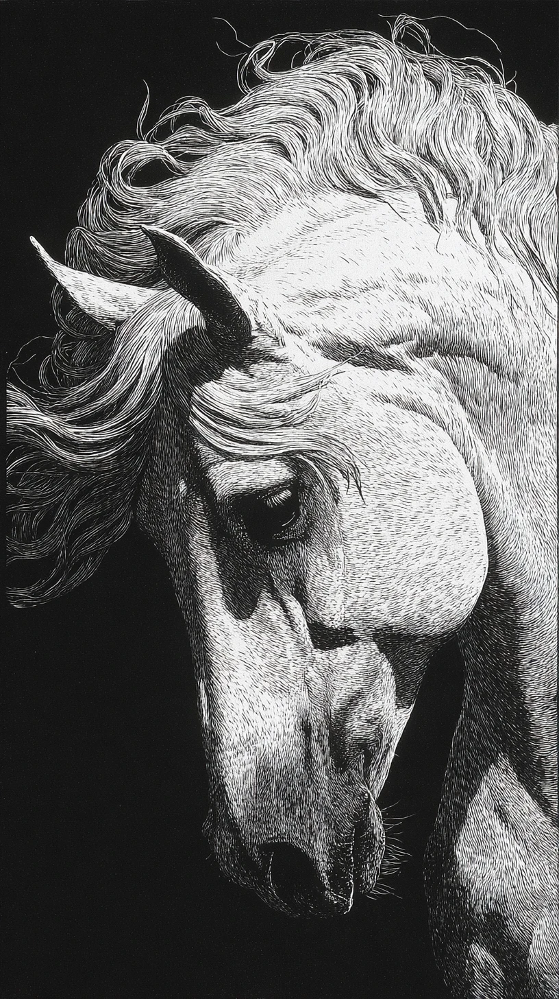 White Arabian horse close up in dramatic scratchboard portrait