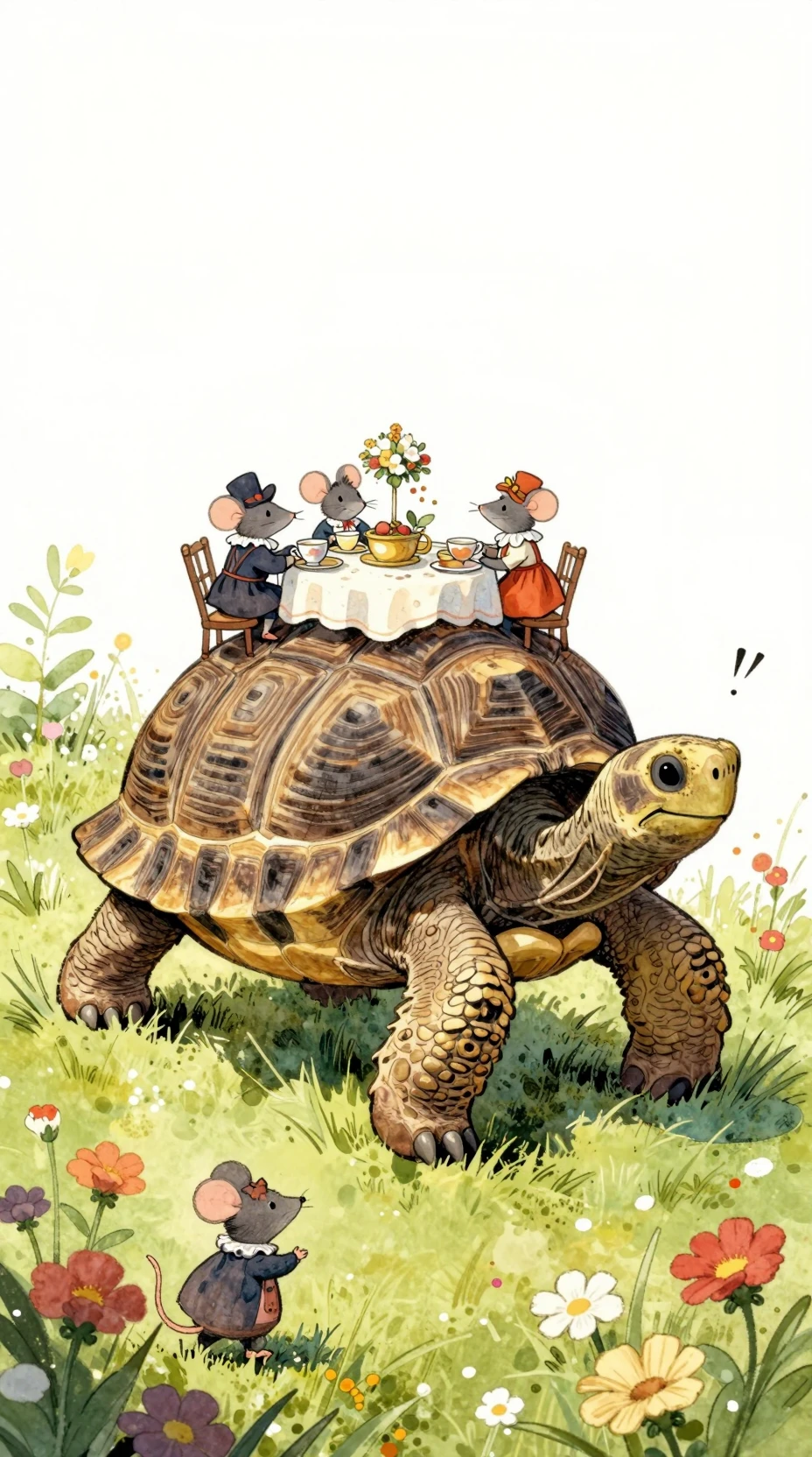 Tartaruga fiabesca che trasporta un minuscolo tea party nel prato
