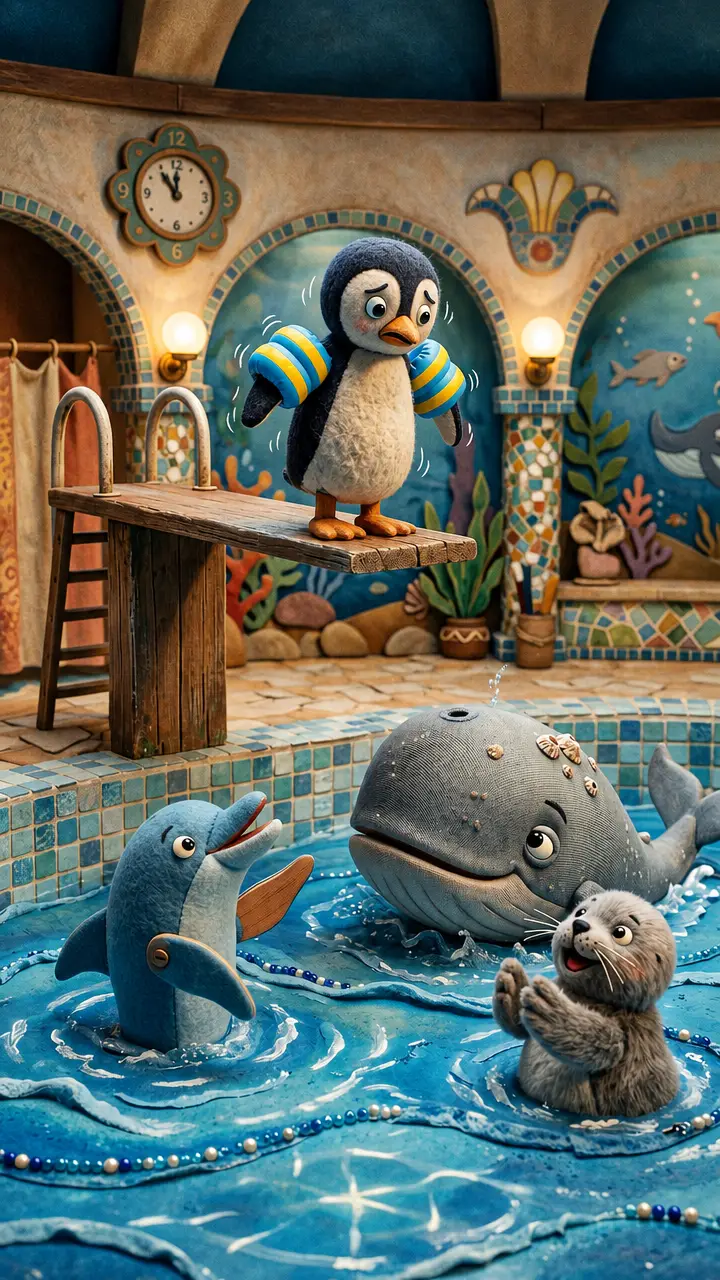 Cute penguin on diving board in fairy tale pool scene