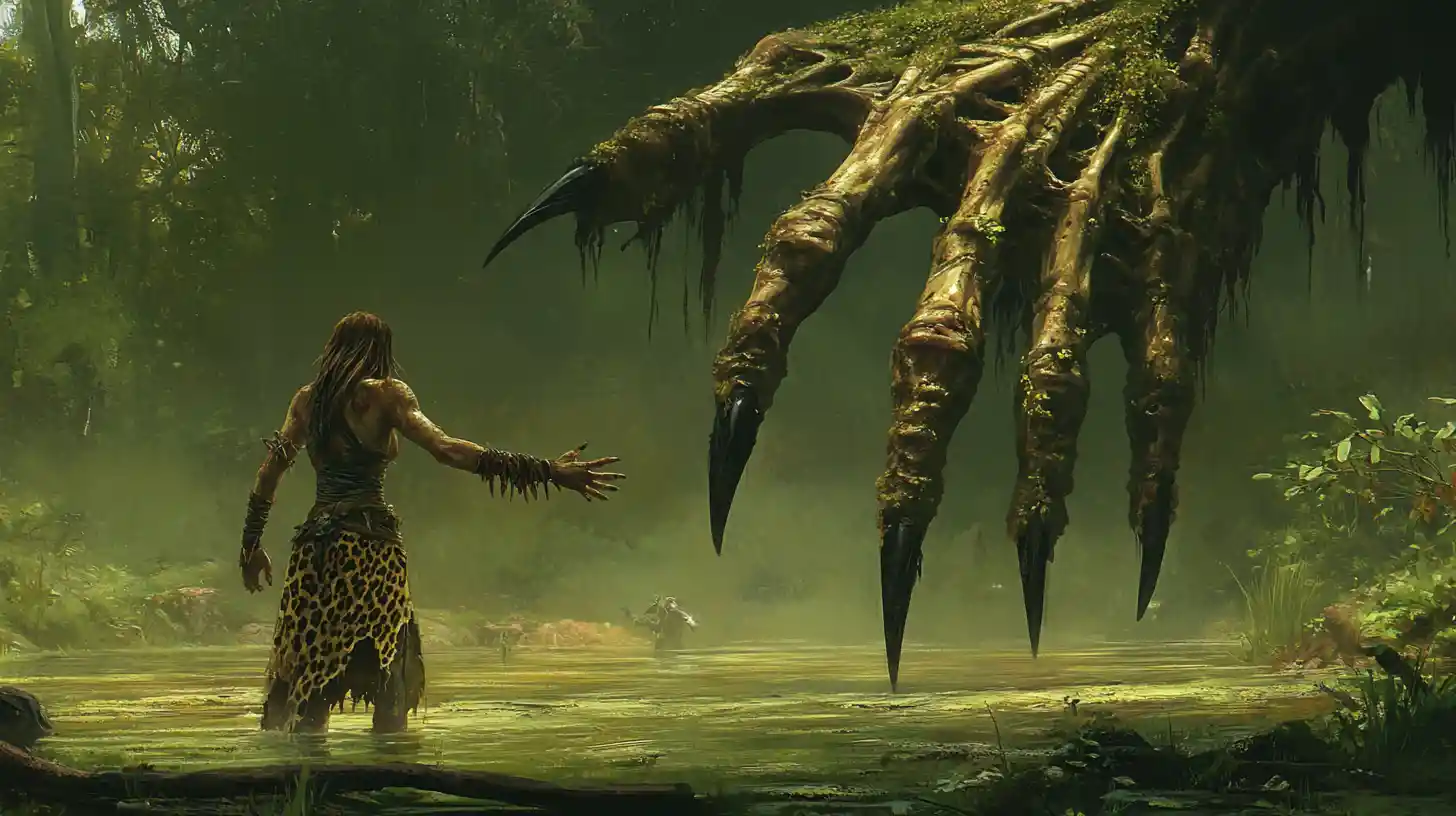 Barbarian woman faces monstrous claw rising from swamp