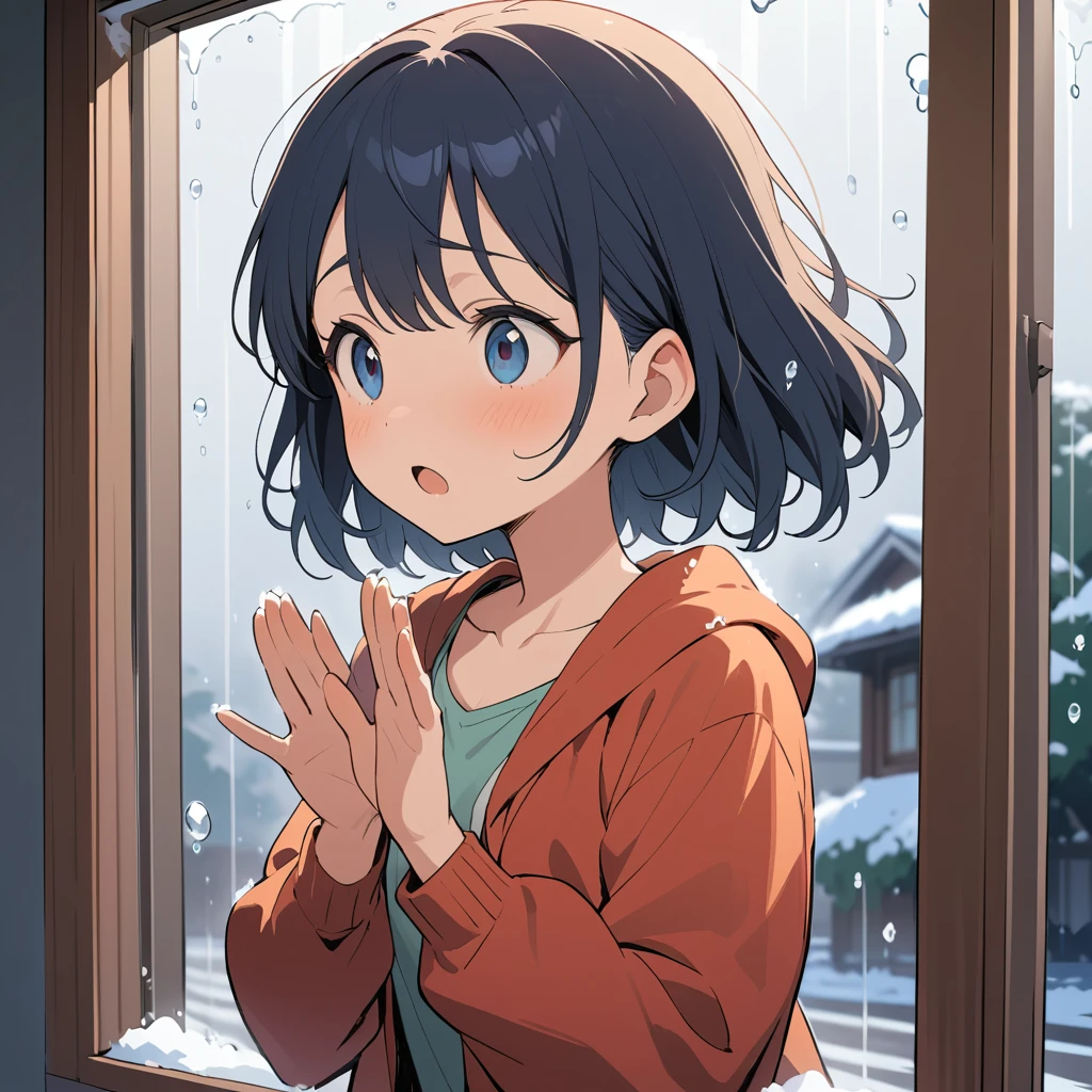 Young woman watching a hailstorm through a cold window