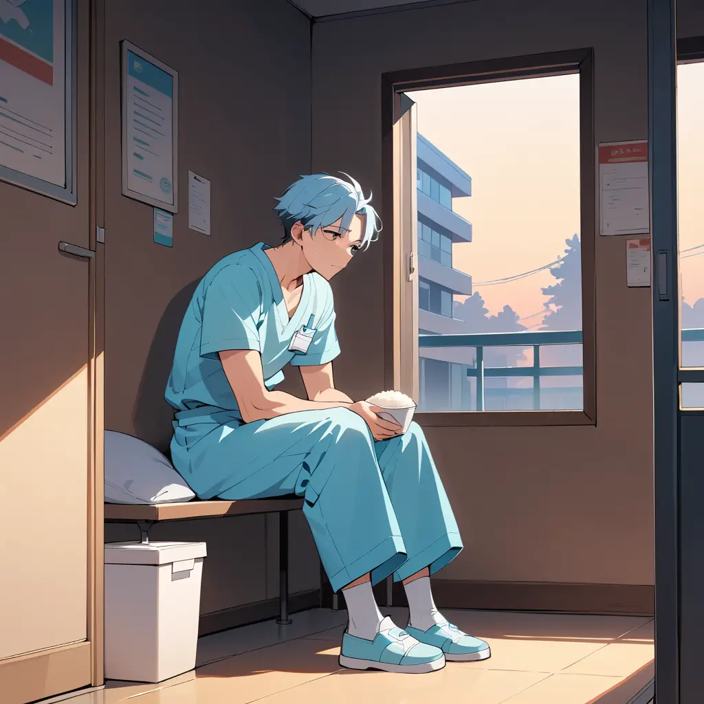 Young male nurse resting alone in quiet hospital corridor