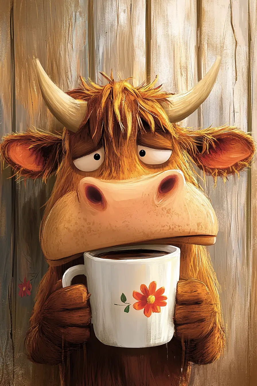 Sleepy cartoon cow with coffee mug against wooden wall