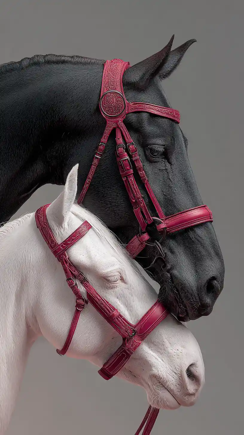 Intimate close up portrait of black and white horses