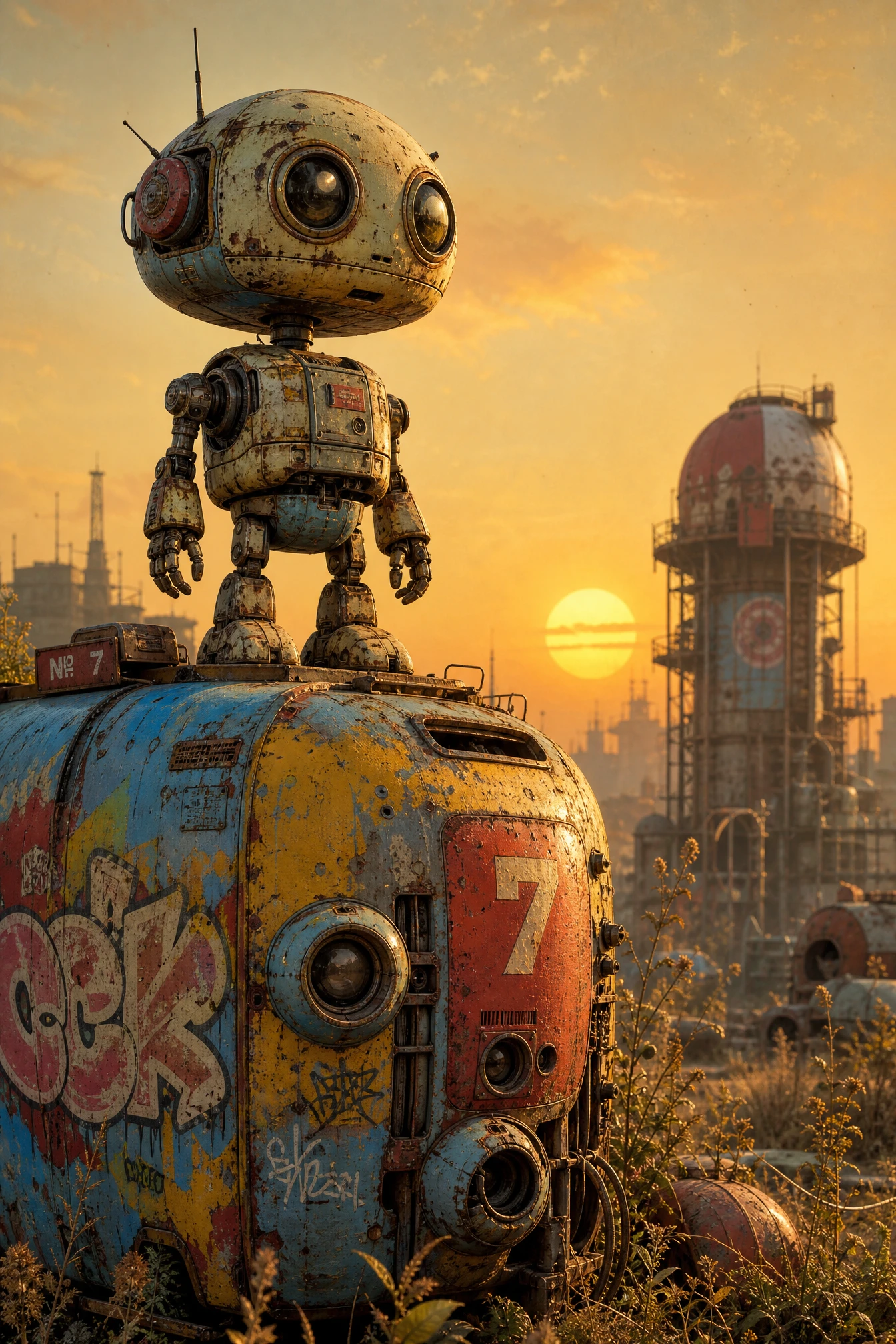 Robot retrofuturista sobre plataforma metálica cubierta de grafitis