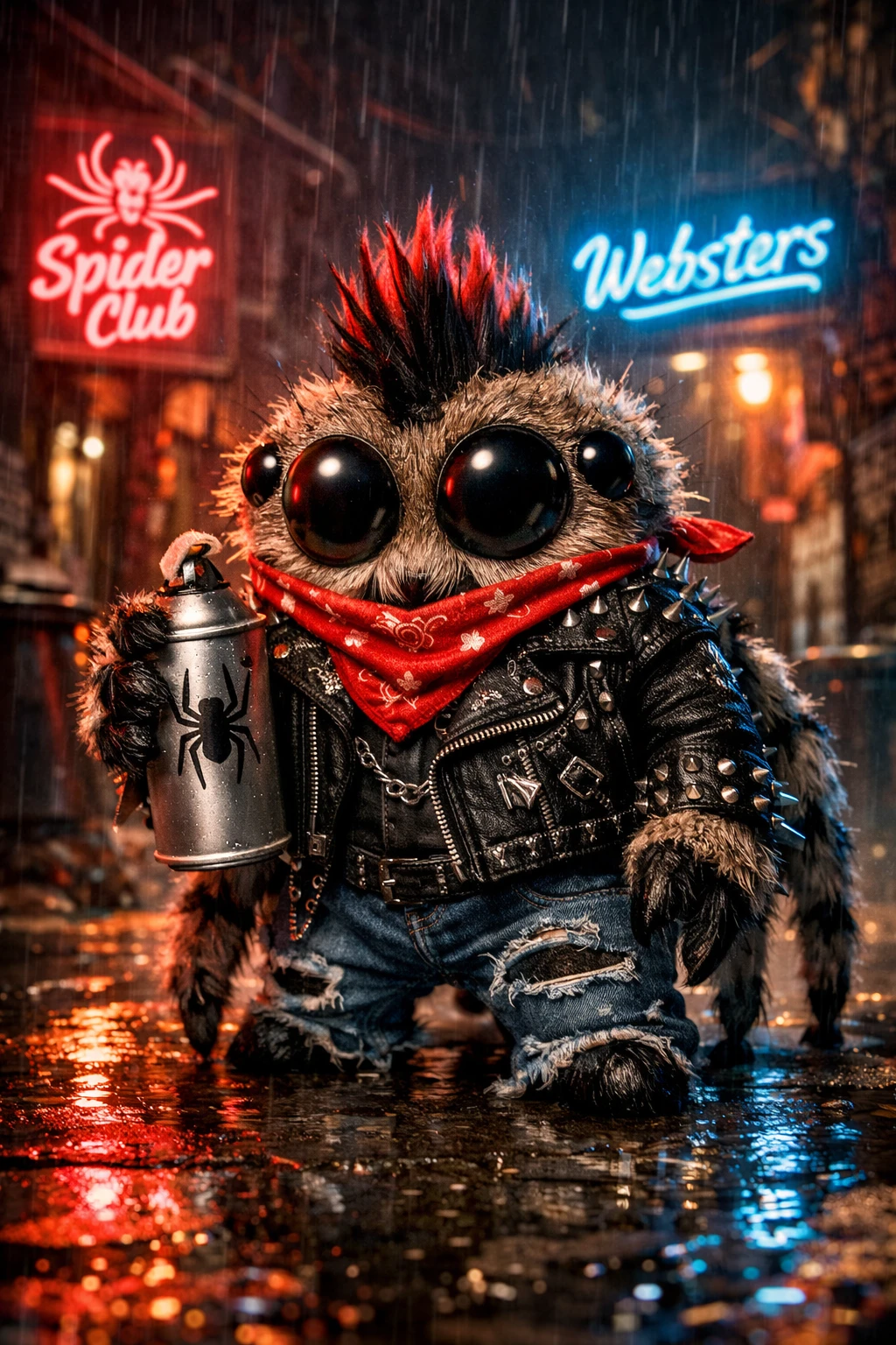 Ragno punk con bomboletta spray in un vicolo urbano al neon