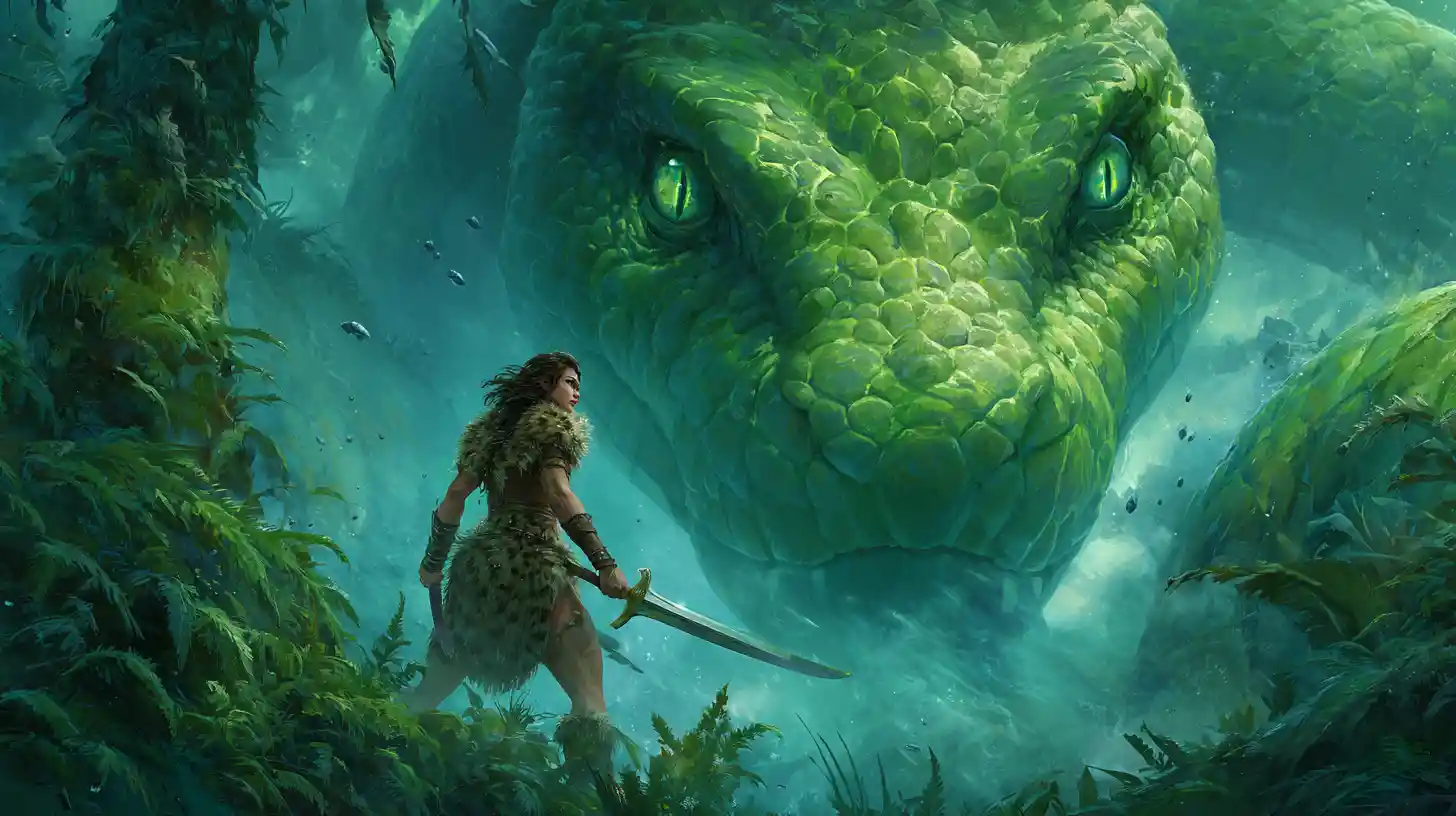 Barbarian woman facing a giant serpent in a swamp