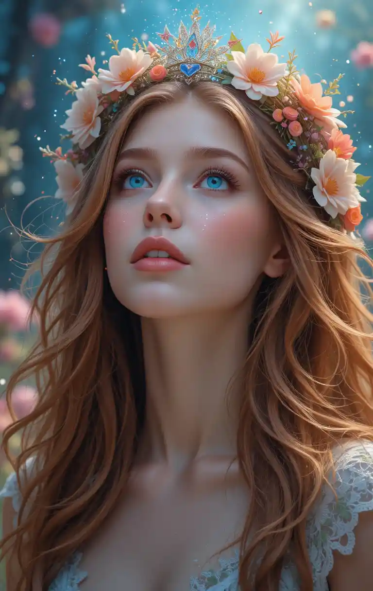 Girl with floral crown and sparkling fairy tale portrait