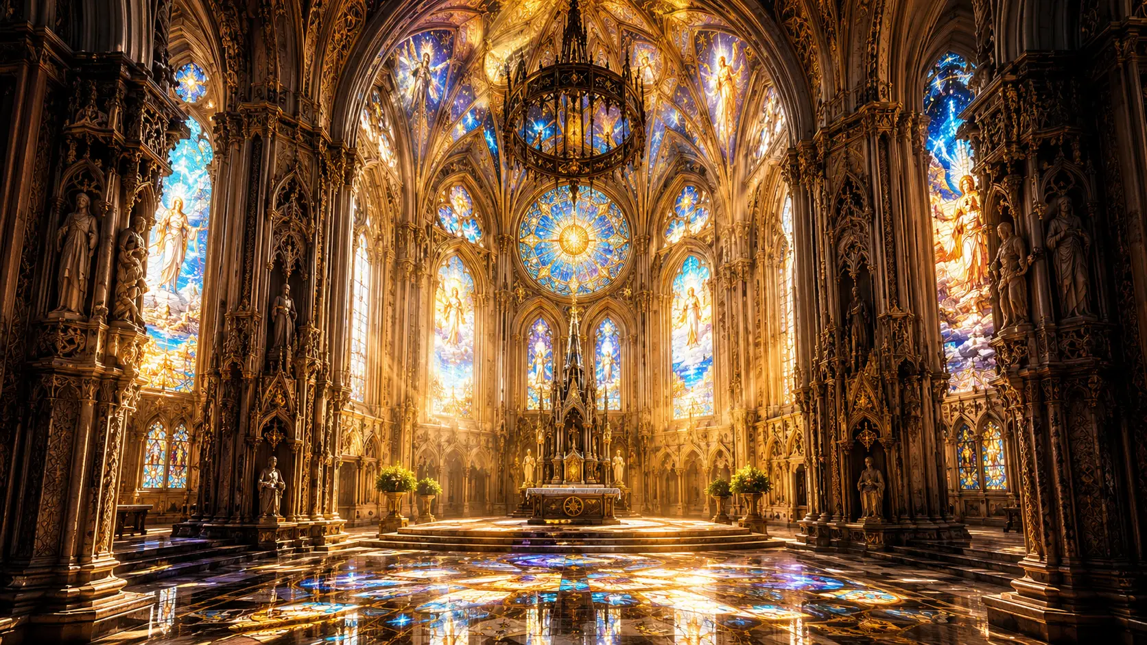 Sunlit gothic cathedral interior with stained glass