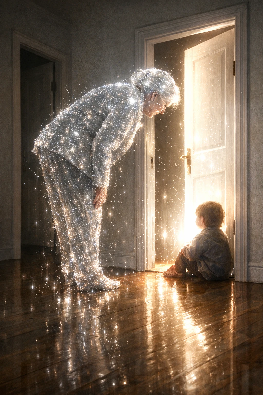 Mujer Etérea de Luz Inclinándose hacia un Niño
