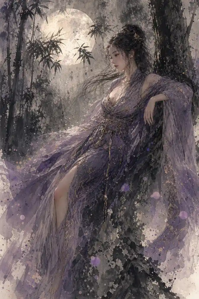 Elegant woman in ink painting before a moonlit bamboo forest