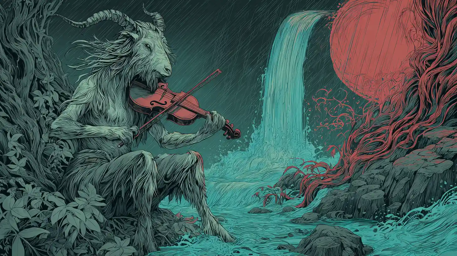 Androgynous satyr playing violin beneath a stormy waterfall