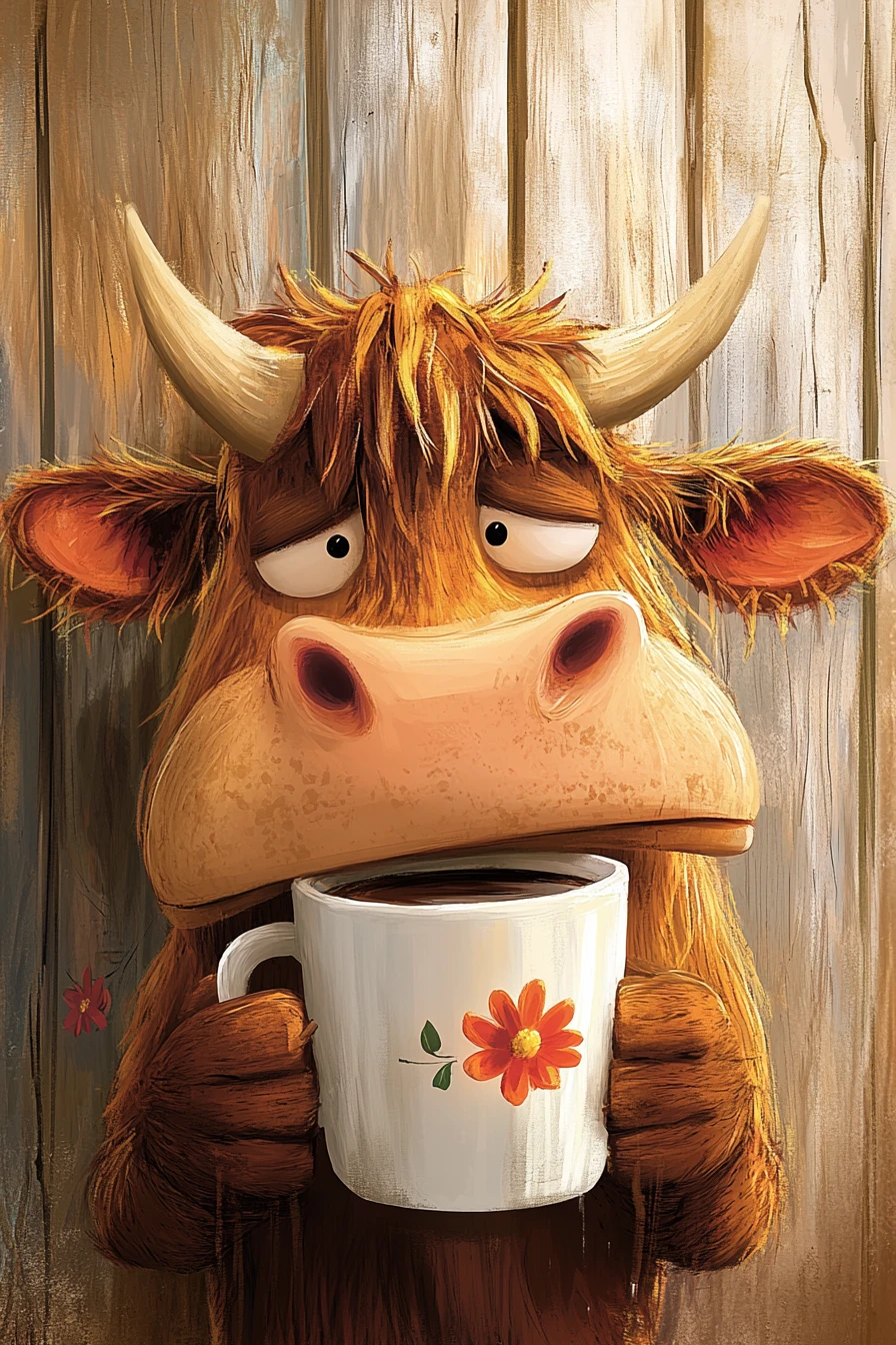 Vaca de dibujos animados somnolienta con taza de café frente a una pared de madera