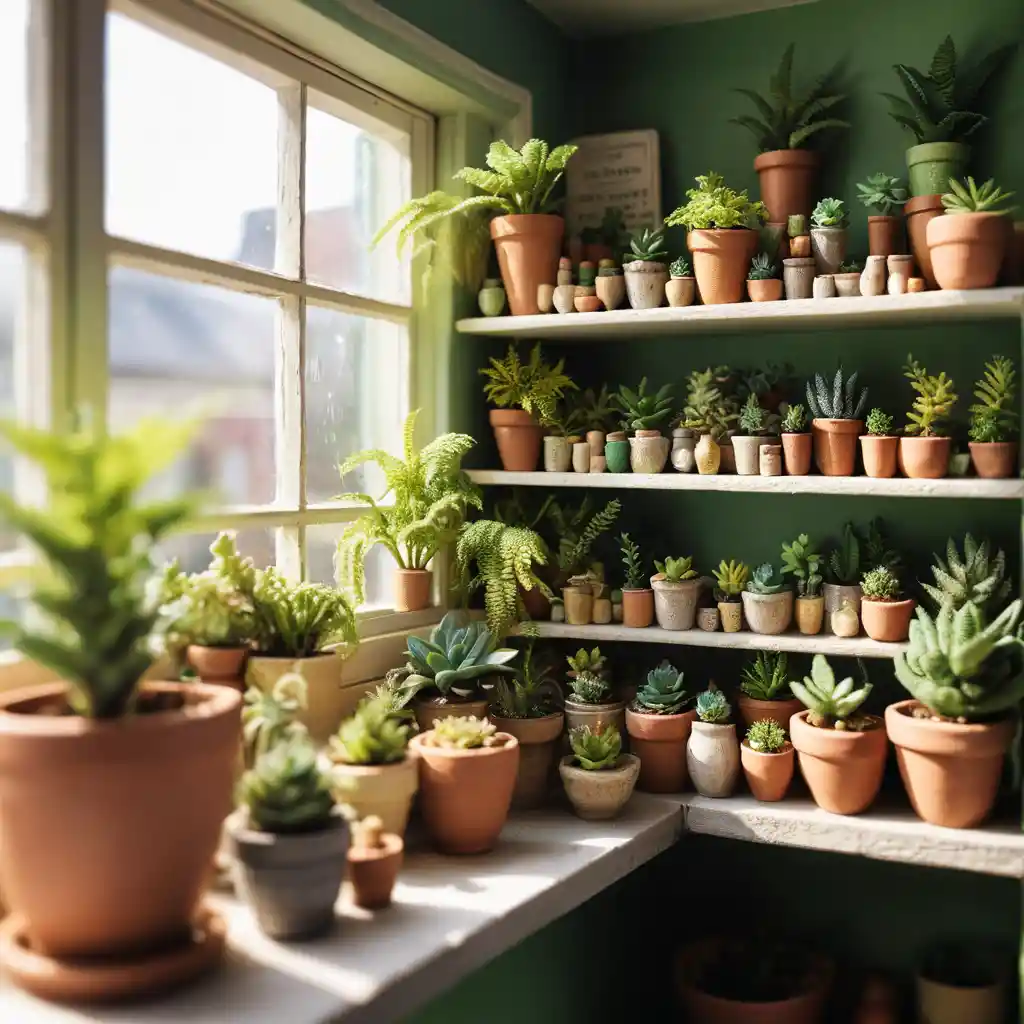 Tiny plant shop owner watering ferns at sunrise