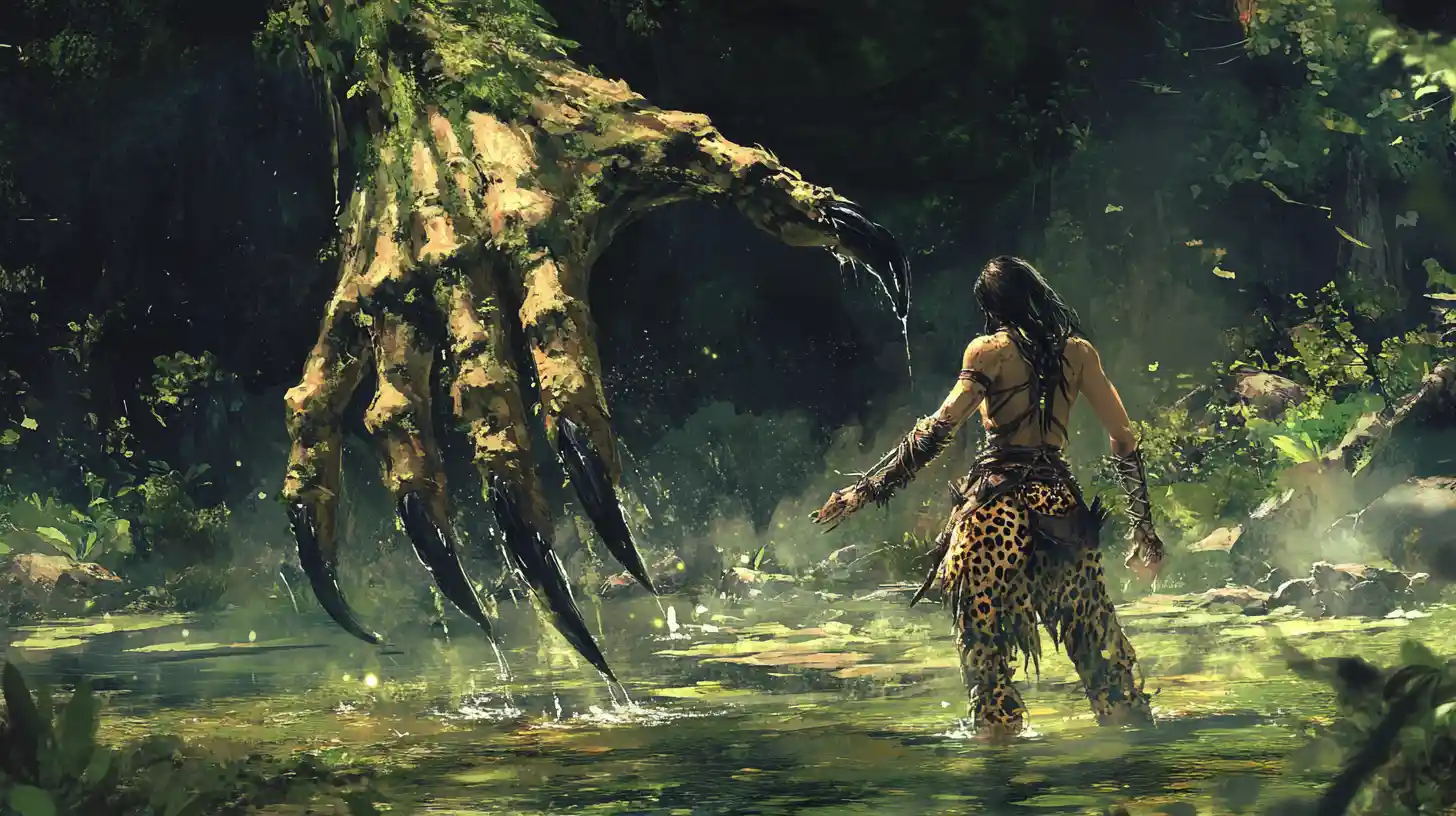 Barbarian warrior woman facing a monstrous claw in swamp