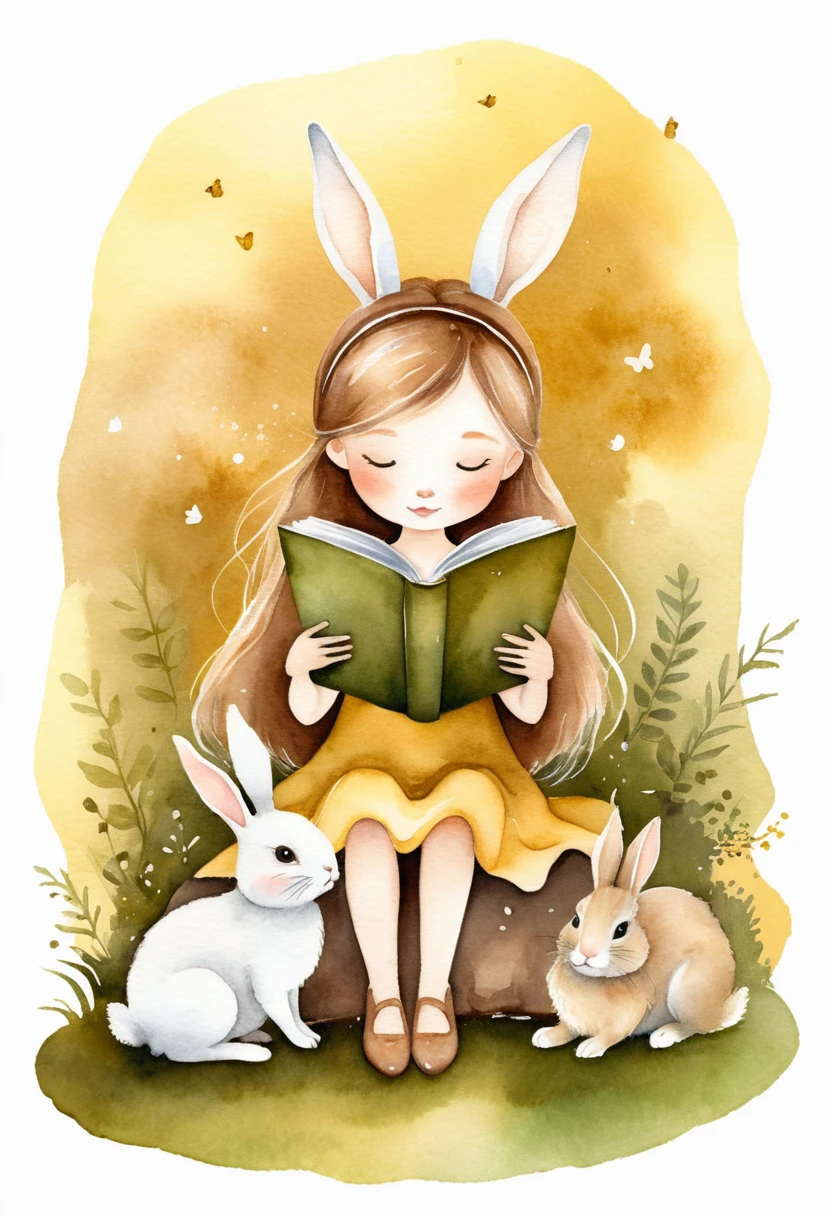 Whimsical fairy reading a book with a small white rabbit