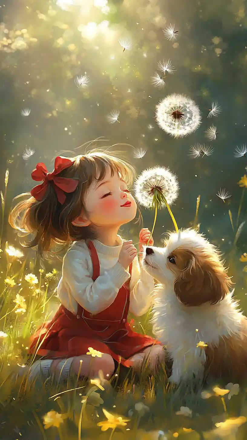 Young girl and puppy with dandelions in a sunny meadow