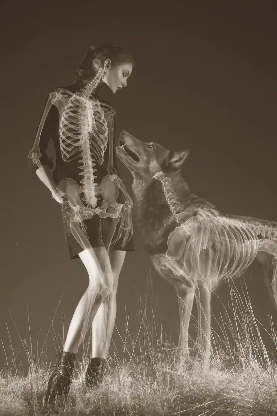 X ray view of woman and wolf playing in meadow