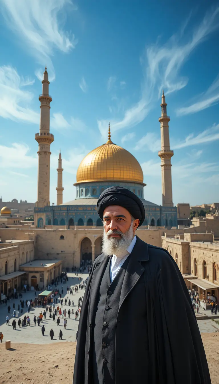 Stern middle aged man before golden domed shrine
