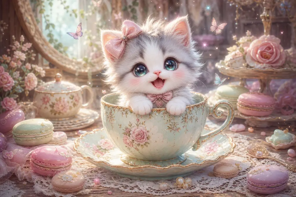 Chibi kitten sitting in a pastel teacup with macarons