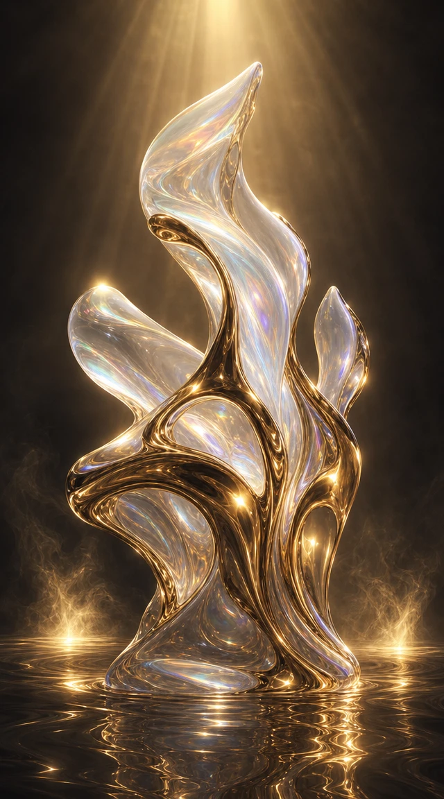 Escultura futurista de vidrio y metal a la suave luz del sol