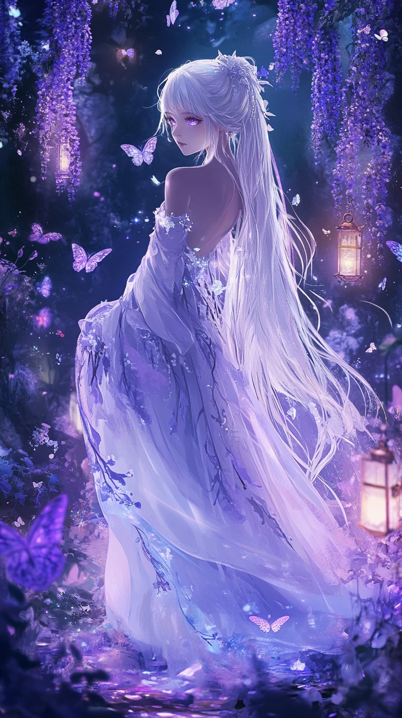 Princesa de Anime Etérea en un Santuario de Flores de Lavanda Resplandecientes