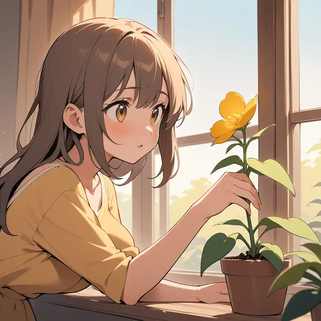 Young woman watering a plant in warm window light