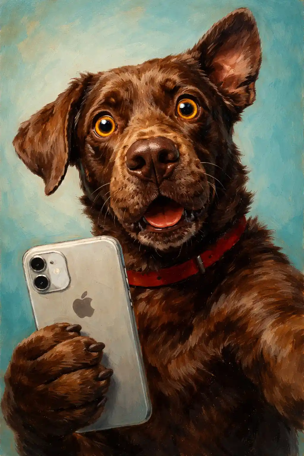Chocolate labrador oil portrait taking a playful smartphone selfie